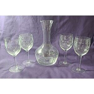 Etched Crystal Wine Decanter-Princess House Heritage w/4 wine glasses
